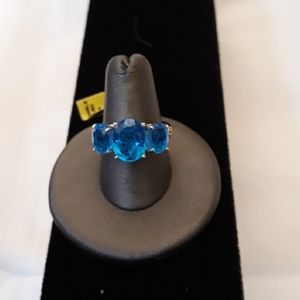 3 Stone Caribbean Blue Quartz SS Ring Sz 7